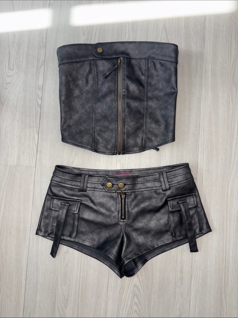 EDIKTED Faux Leather micro cargo Shorts with Matching Bustier